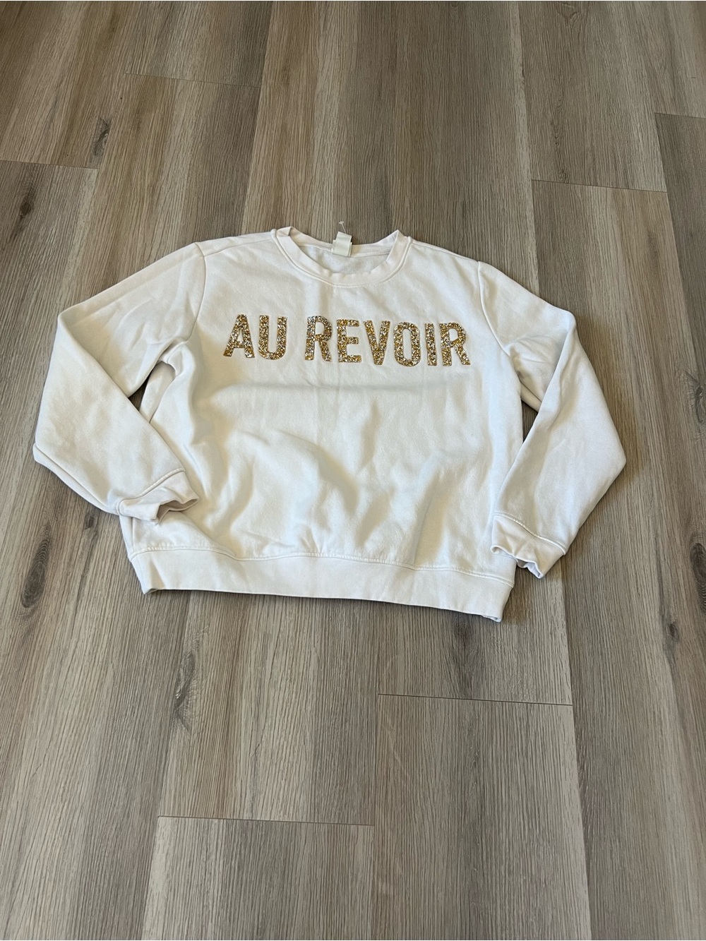 H&M White Crewneck Sweatshirt with Gold 'AU REVOIR' Sequins